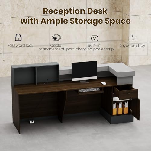 Laxodor 86.6“L-Shaped Reception Desk with Counter,Modern Reception Desk,Front Counter Table with Adjustable File Cabinet & Keyboard Tray,for Office, Hotel,Financia/Law Firms (Brown+Gray+White) Laxodor