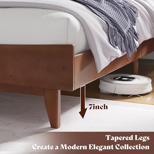 VanAcc Queen Size Solid Wood Bed Frame, Mid Century Platform Beds with Slatted Headboard, Wood Slat Support/No Box Spring Needed/Noise Free/Walnut VanAcc