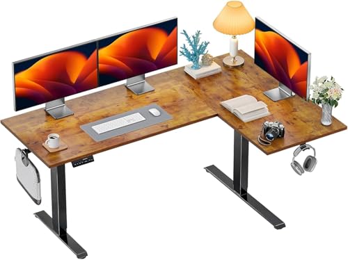 HUANUO 71x48 inch Dual Motor L Shaped Electric Standing Desk with 3 Preset Heights, Electric Height Adjustable Computer Table, 2 Hooks & Cable Tray, Raising Desk for Home Office, Vintage Brown HUANUO