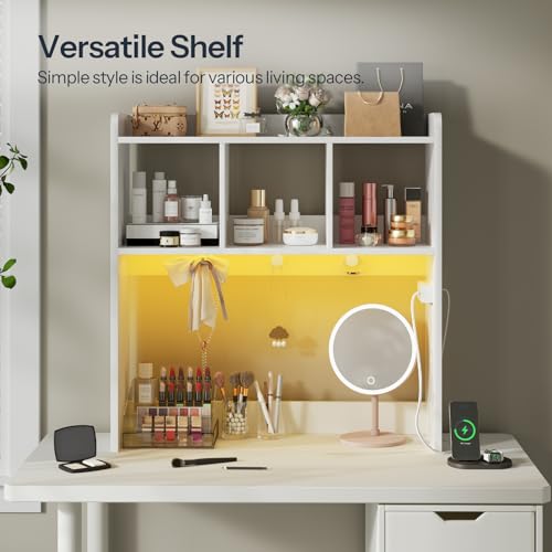 HOOBRO Desktop Bookshelf, Office Desktop Shelf, Desk Hutch with Outlets, Wooden Office Desktop Bookcase, Desktop Organizer Shelf with LED Light Strip and 3 Hooks, for Home, Study, White WT12UDSJ01 HOOBRO