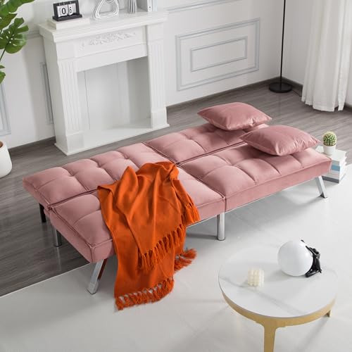 68" Modern Futon Sofa Bed,Convertible Sleeper Bed Couch with 4 Reclining Backrest with 2 Pillows,Comfy Velvet Cloud Sofa Loveseat for Living Room Bedroom Office (Rose Red) Jum Blueemo