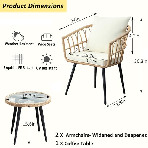 WenHaus 3 Piece Patio Bistro Sets, Outdoor Wicker Furniture Set, All-Weather Rattan Chairs Conversation Set with Cushions Round Table for Garden,Balcony,Backyard,Porch,Deck-Beige WenHaus
