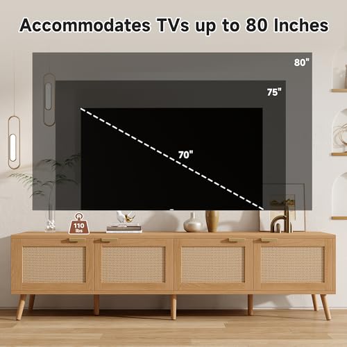 Merax Boho TV Stand for 80 Inch TV, 70" Rattan Entertainment Center with 2 Drawers and 3 Storage Cabinets, TV Media Console Table with Solid Wood Legs & Cable Holes for Living Room, Bedroom Merax