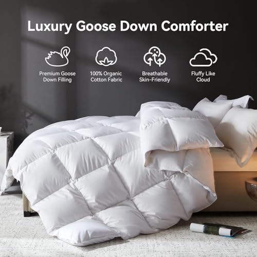 L LOVSOUL Goose Feather Down Fiber Comforter Queen Size, 100% Organic Cotton Fabric Duvet Insert,1200TC,750+Fill Power, Hotel Collection, All Season White Bedding Comforters with 8 Tabs L LOVSOUL