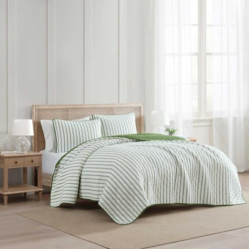 Martha Stewart - Queen Quilt Set, 100% Soft & Breathable Bedding with a Lightweight Feel for Year Round Comfort, 3 Piece Bed Set with Matching Pillowcases (Ticking Stripe Green) Martha Stewart