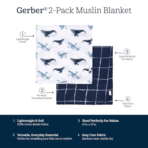Gerber Baby Unisex 2-Pack Muslin Blanket, Coastal Calm, One Size Gerber