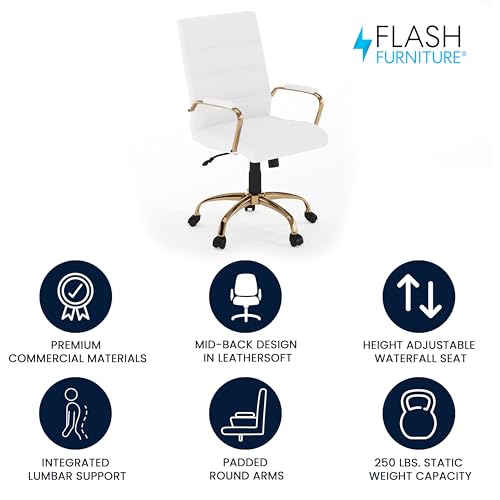 Flash Furniture Whitney Mid-Back Swivel LeatherSoft Desk Chair with Padded Seat and Armrests, Adjustable Height Padded Office Chair, White/Gold Flash Furniture