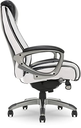 Serta® Lautner Executive Home Office Desk Chair, Ergonomic High-Back with Adjustable Lumbar and Body Pillows, SmartLayers™ and ComfortCoils® Technology, Mesh and Bonded Leather, Black and White Serta