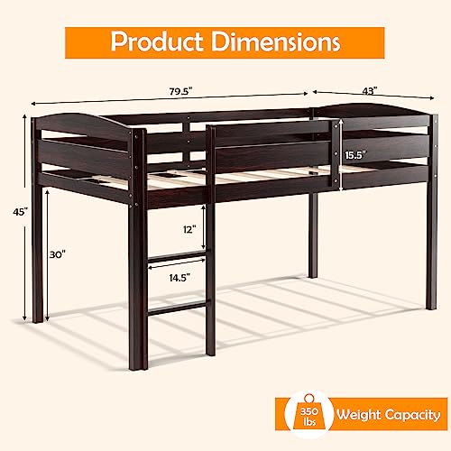 KOTEK Twin Loft Bed, Solid Wood Low Loft Bed for Kids with Ladder & Guard Rails, No Box Spring Needed, Space-Saving Loft Bed Frame for Boys & Girls (Espresso) KOTEK