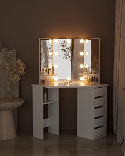 Likein Corner Makeup Vanity Desk with Mirror and Lights, Bedroom Vanity Table with Lighted Mirror 5 Drawers and Storage Shelf for Women Girls White Likein
