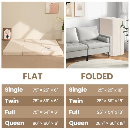 feliz home 6-Inch Tri-Fold Mattress Full Size - Foldable Futon Sofa Bed with Removable Washable Cover, Folding Memory Foam Futon Mattress | Non-Slip Bottom & Carry Handles for Guest, Camping, Dorm feliz home