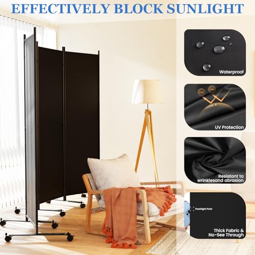 SUNALLY Room Divider 6FT Folding Privacy Screens with Lockable Wheels, 4 Panel Room Partition for Room Separator, 88" W Freestanding Portable Fabric Wall Dividers for Home Dorm Studio Office, Black SUNALLY
