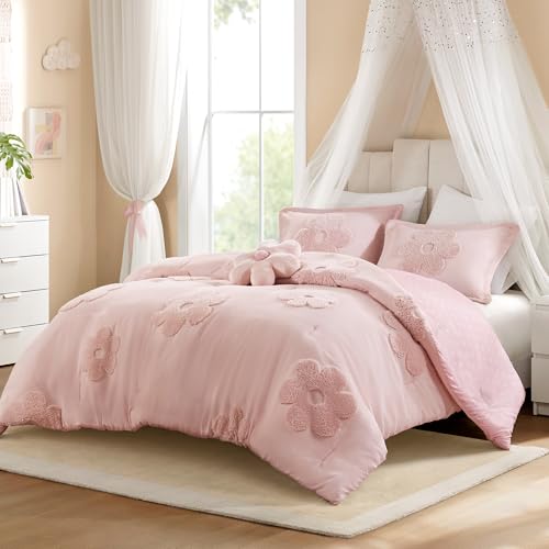 Intelligent Design Kids Queen Comforter Set for Girls, Tufted Chenille Floral Comforter Set Queen, Lightweight Polka Dot Comforter Reversible Bed Set, Sham, Pillow, Gracie, Full/Queen Pink 4 Piece Intelligent Design