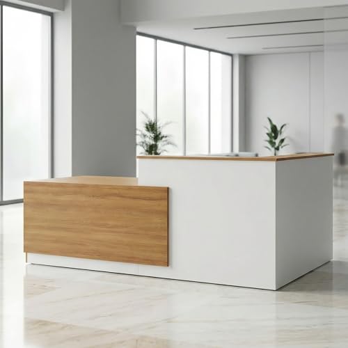 JYUREO L-Shaped Reception Desk with Counter and Lockable Drawers and Storage,Modern Front Desk Reception Counter for Checkout, Lobby, Beauty Salon (L-European Oak+White, 110.24inx39.4inx39.4in) JYUREO