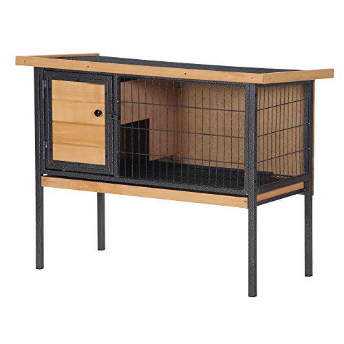 PawHut Rabbit Hutch Elevated Bunny Cage Small Animal Habitat with Metal Frame, No Leak Tray, Mtetal Wire Pan and Openable Water-Resistant Asphalt Roof for Indoor/Outdoor Natural Wood PawHut