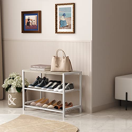 HOMEFORT 3-Tier Shoe Rack, Shoe Storage Shelf, Industrial Shoe Tower, Narrow Shoe Organizer for Closet Entryway, Small Shoe Rack Table with Durable Metal Shelves, White Oak HOMEFORT