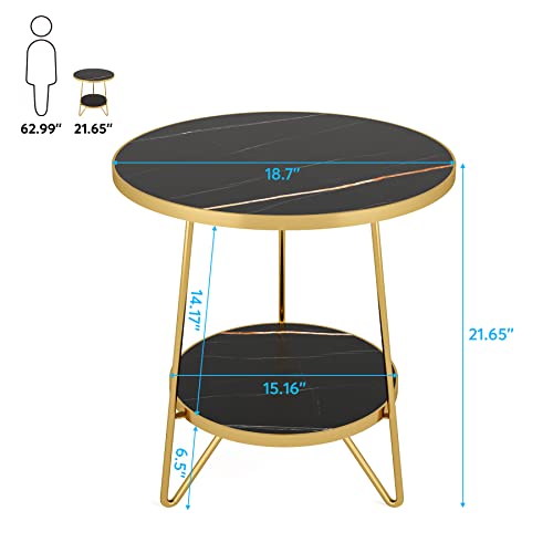 Tribesigns Faux Marble End Table, 2 Tier Round Side Table with Shelves, Modern Black Nightstand Bedside Table Small Coffee Accent Table for Living Room Bedroom, Black and Gold Tribesigns