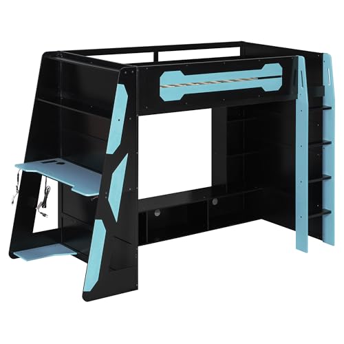 Merax Twin Size Gaming Loft Bed with Desk and Multi-Storage Shelves, Wooden Loft Bed Frmae with Light, Space-Saving Bed with Safety Guardrail Merax