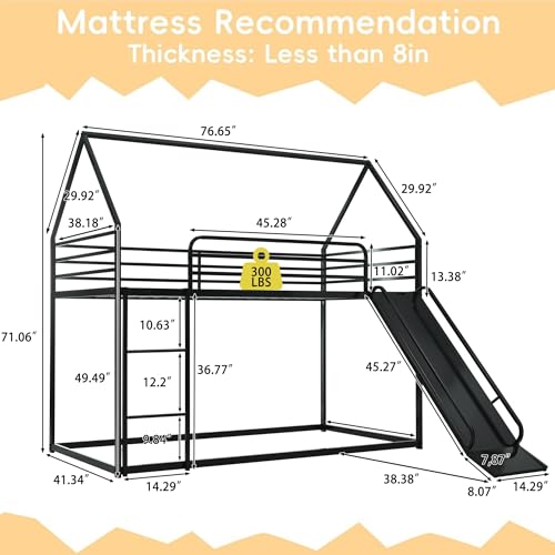 AEMSOFK Bunk Bed with Slide for Kids,Bunk Bed Twin Over Twin, Metal Junior House Low Bunk Bed, Toddler Floor Bunk Beds Frame with Guardrail for Kids, Convertible Slide and Ladder Noise Free(New Black) AEMSOFK