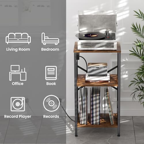 Asgolion Record Player Stand with Charging Station, 3-Tier End Table with LED Light, Side Table Nightstand for Vinyl Storage,Tall Beside Tables Turntable Stand Living Room, Bedroom, Rustic Brown Asgolion