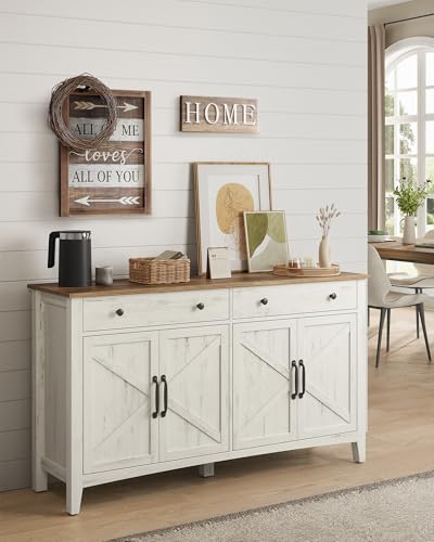 VASAGLE LIRY Collection - Buffet Cabinet, Coffee Bar Cabinet with 2 Drawers, Adjustable Shelves, Sideboard Storage with Cable Holes, Drawer Dividers, Rustic White and Honey Brown UBBK381W01 VASAGLE