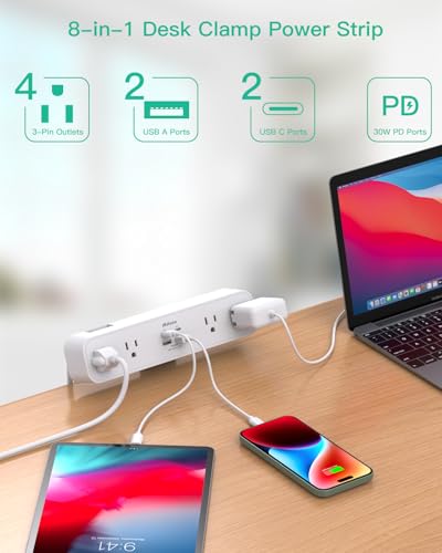 PD30W Desk Clamp Power Strip, Desktop Mount Surge Protector, Fast Charging Station, 5Ft Extension Cord Desk Edge Mount Shelf with 4 Outlets 4 USB Ports (2 USB C), Home Office Accessories Essentials Mifaso