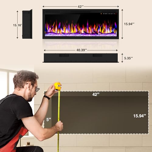 42 Inch WiFi-Enabled Electric Fireplace, 1500W Smart Fire Place Hetaer Inserts and Wall-Mounted W/Touch Screen & Remote Control, Adjustable 13 Flame Color and 5 Brightness, 12H Timer for Living Room Riseon