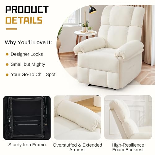 Korser Recliner Chair, Living Room Chairs for Adults, Thick Upholstered Manual Recliner with Side Pockets, Small Recliner for Small Spaces, Lounge Chair for Nursery Bedroom Apartment RV, Chenille