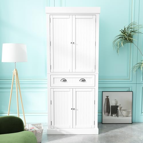Squireewo 72" Freestanding Kitchen Pantry Storage Cabinet with Doors and 6 Hanging Shelves,Storage Cupboard with Large Drawer for Kitchen,Bathroom or Hallway, White Squireewo