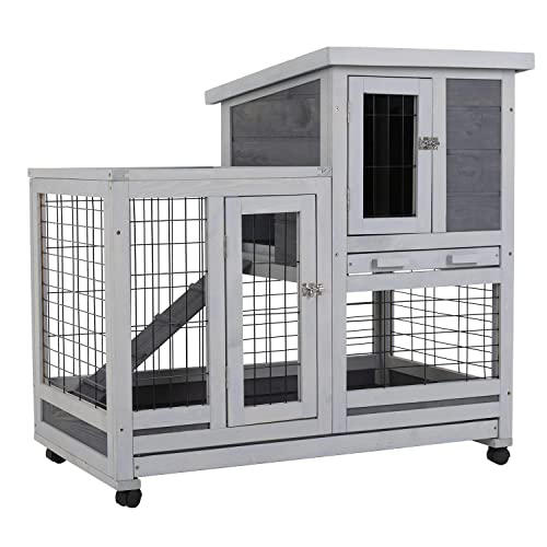 Rabbit Hutch Indoor and Outdoor Rabbit Cage 37 Inch Wide Wooden Hutch House Guinea Pig Cage with Wheels Rolling Large Hutch Cage,Grey PayLessHere