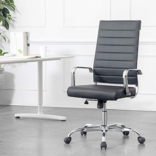 LANDSUN Home Office Chair Ribbed Leather High Back Executive Swivel Computer Desk Chairs with Wheels and Armrests Soft Padded Adjustable Height Modern Conference Task Black LANDSUN