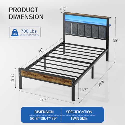Liians Twin Size Platform Bed Frame with LED Lights, Grey Upholstered Headboard with 2-Tier Storage Shelves, Charging Station, Noise Free, No Box Spring Needed, Easy Assemably Liians