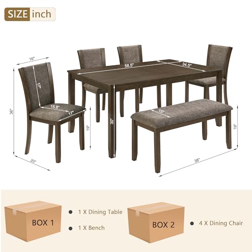RuiSiSi 6-Piece Dining Table Set for 6, Farmhouse Wood Kitchen Table Set with Chairs and Bench, Rustic Dining Room Kitchen Table Set for 6 People, Dark Walnut RuiSiSi
