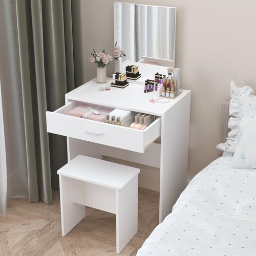 NAIYUFA Vanity Desk,Small Vanity with Storage Drawer & Chair,Makeup Vanity Desk with Mirror,Modern Vanity Table Set for Bedroom Small Space,White NAIYUFA
