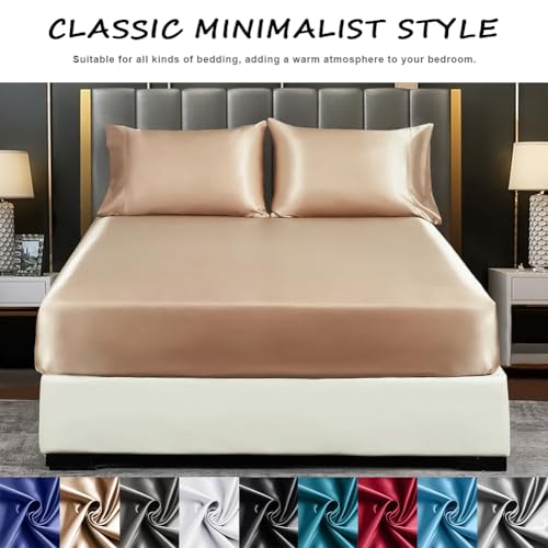 JNTKE Silk Satin Fitted Sheet, King Silky Soft Fitted Bottom Sheet, Luxury & Ultra Bedding Fitted Sheet Single Bottom Bed Sheets, Wrinkle Free, Fade Resistant Bedding, Khaki JNTKE