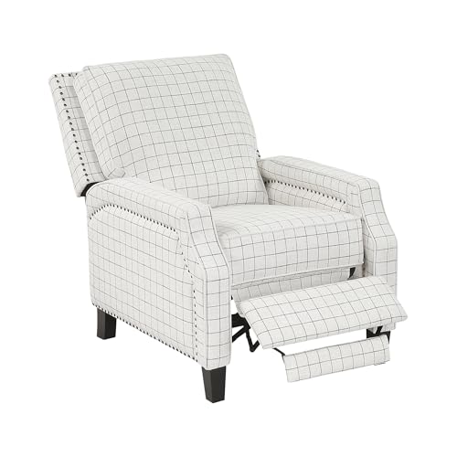 Lexicon Pushback Recliner Chair, Plaid Textured Fabric Armchair Push Back Reclining Chair, Nailhead Trim, Solid Wood Legs, Easy Assembly for Living Room/Office/Apartment, Off-White Lexicon