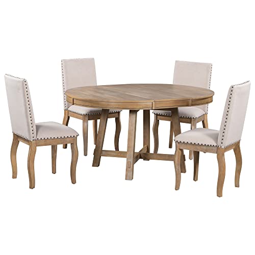 Merax 5-Piece Farmhouse Wooden Round Extendable Dining Table Set with 4 Upholstered Chairs, Family Kitchen Furniture, Natural Wood Wash_5Pcs Merax