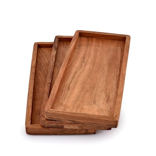 NIRMAN Acacia Wood Rectangular Wooden Platters for Home Decor, Food, Vegetables, Fruit, Charcuterie, Appetizer Serving Tray (13" x 5.5" x 0.75") (Set of 3) NIRMAN