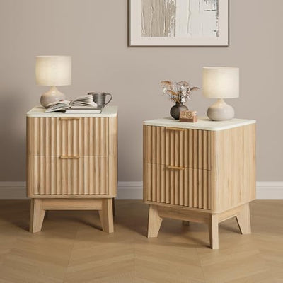 TROJM Fluted Nightstand Set of 2,Modern End Table with Faux Marble Top,2 Storage Drawers Side Table,Bedside Table for Bedroom, Living Room,Curved Profile Design Furnitue,Natural Oak