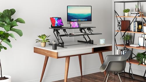 Mount-It! 38" Standing Desk Converter, Desktop Sit-Stand Desk Riser with Gas Spring Height Adjustment, Compact Desk Topper for Dual Monitors or Laptop, Keyboard Tray, Black Mount-It!