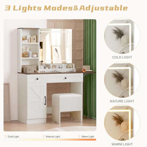 NUNU LAB Farmhouse Makeup Vanity Desk with Mirror and Lights, Large Makeup Vanity Table with Power Outlet, Drawers and Cabinet, Vanity Set Dressing Table with Storage Bench for Women Girls, Brown NUNU LAB
