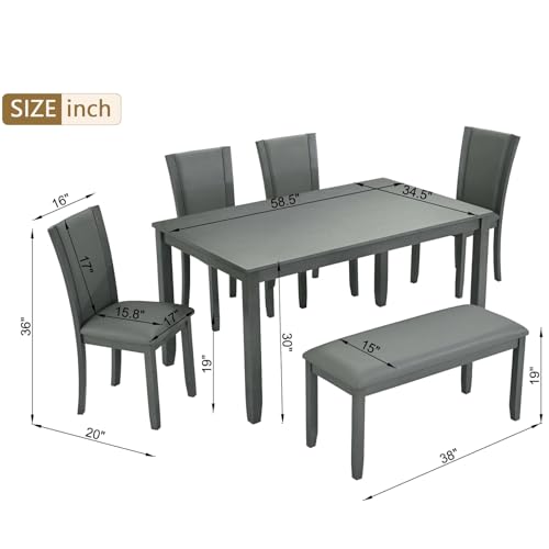 Trygoal Dining Table Set for 6, Farmhouse 6 Piece Dining Room Table Set with Rectangular Table, 4 Upholstered Backrest Chairs and Bench, Counter Height Kitchen Sets with Warm Woodgrain Finish, Gray Trygoal