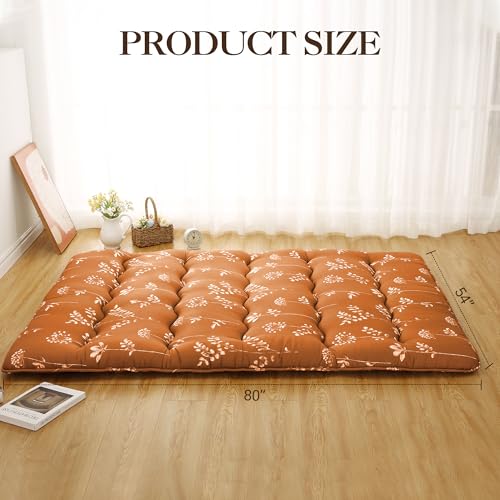 IDEALHOUSE Japanese Floor Mattress, Roll-Up Futon, Full Size, Flowers Printed Thicken Futon Mattress for Floor, Microfiber Cotton Sleeping Pad for Guest Room, Camping and Kids Play Mat, Brick Red IDEALHOUSE
