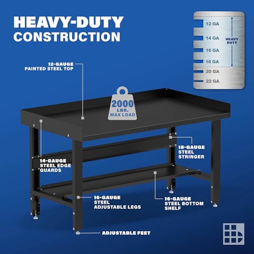 Borroughs® 60" Adjustable Workbench, 12-Gauge Steel Heavy-Duty Workstation with Bottom Shelf & Edge Guards, 2000 LBS Load Capacity Worktable for Borroughs