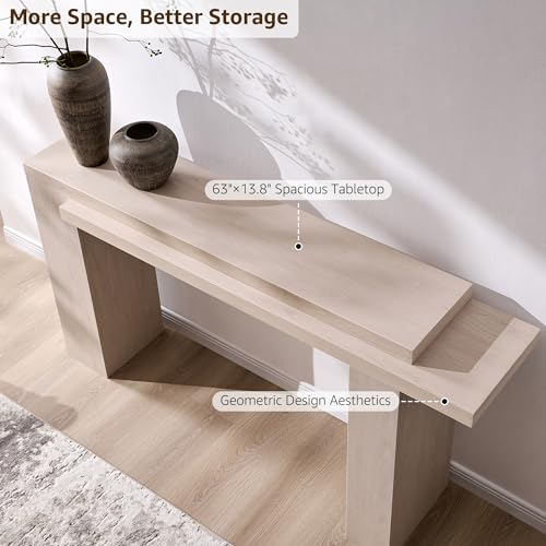 OKD 63 Inch Modern Entryway Console Table, Solid Geometry Accent Sofa Table Behind The Couch, Narrow Console Table for Entryway, Hallway, Living Room, Foyer, White Alder OKD
