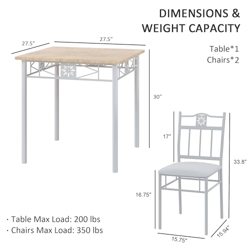 VECELO 3 Piece Dining Table Set for 2 with Chairs, Wood Table-top & PU Padded Seat for Small Space Kitchen VECELO