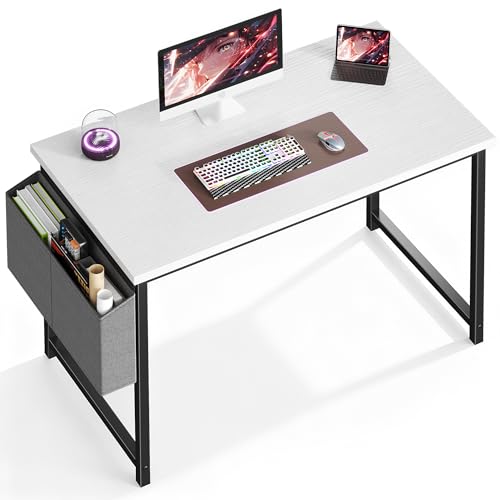 OLIXIS Computer Desk 44 Inch Home Office Desks for Small Spaces, Gaming Writing Study Work Table with Storage Bag for Bedroom, White OLIXIS