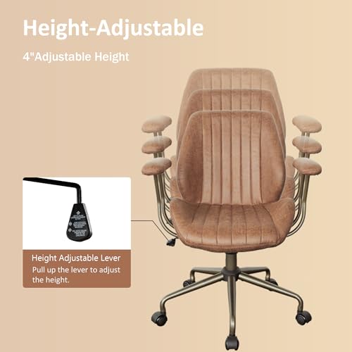 Mid Back Home Office Chair, Mid Century Modern Executive Chair, Comfy Ergonomic Rolling Office Desk Chair with Lumbar Support, Brown Faux Leather Office Chair, Brown weaxty W