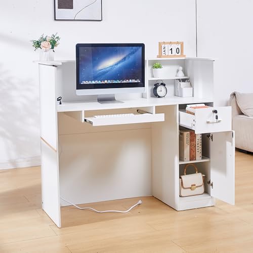 50" Reception Desk – Modern Front Desk with Lockable Drawer, Keyboard Tray, Storage Cabinet, Built-in Power Outlet, LED Lights & DIY Stripe – Ideal for Lobbies, Salons & Retail LayBurst