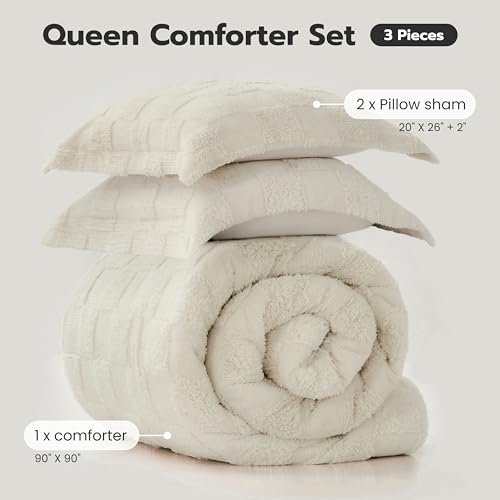Joiedomi Tufted Queen Comforter Set, 3 Pieces Beige Boho Queen Bedding Set with 1 Plaid Geometric Comforter and 2 Pillow Shams, Checkered Bed in a Bag for All Seasons Joiedomi